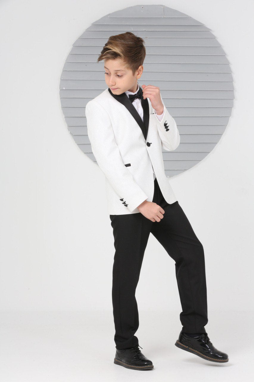 White Boys Pageboy Shimmer Wedding Tuxedo Suit in White Slim Fit 5 Piece Special Occasion Outfit